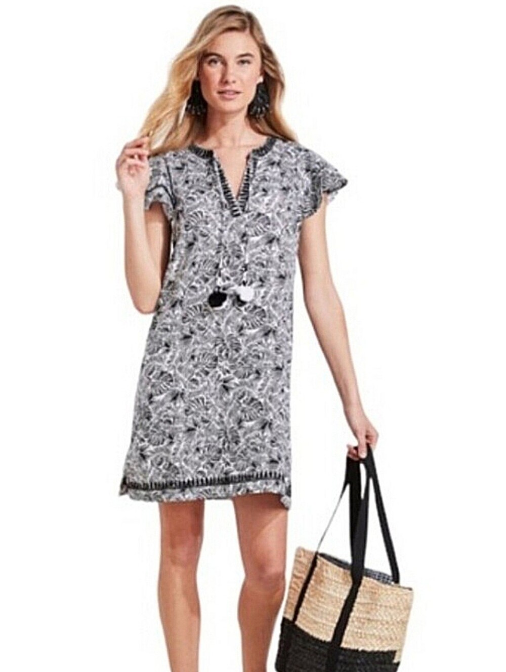 NWT Vineyard Vines Linear Palms Tunic Dress 100% Linen Black White Tassel Tie LG